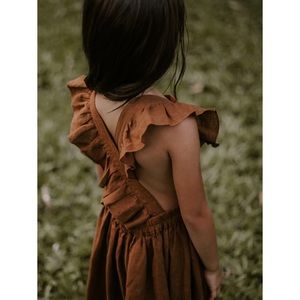 The Simple Folk | Rust Linen Ruffle Pinafore Dress